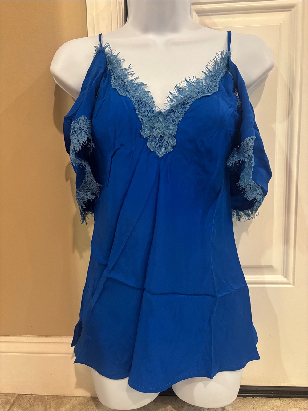 Royal Blue 100% Silk Lace-Trim Cold-Shoulder Camisole